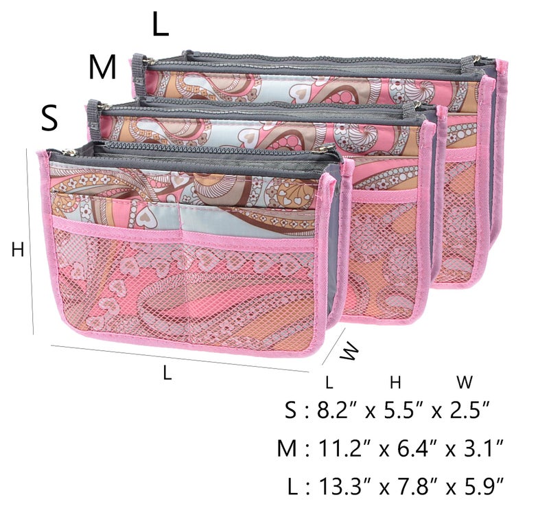 Vercord Purse Organizer Insert for Handbags Bag Organizers Inside Tote Pocketbook Women Nurse Nylon 13 Pockets Pink Flowers Small - Image 3